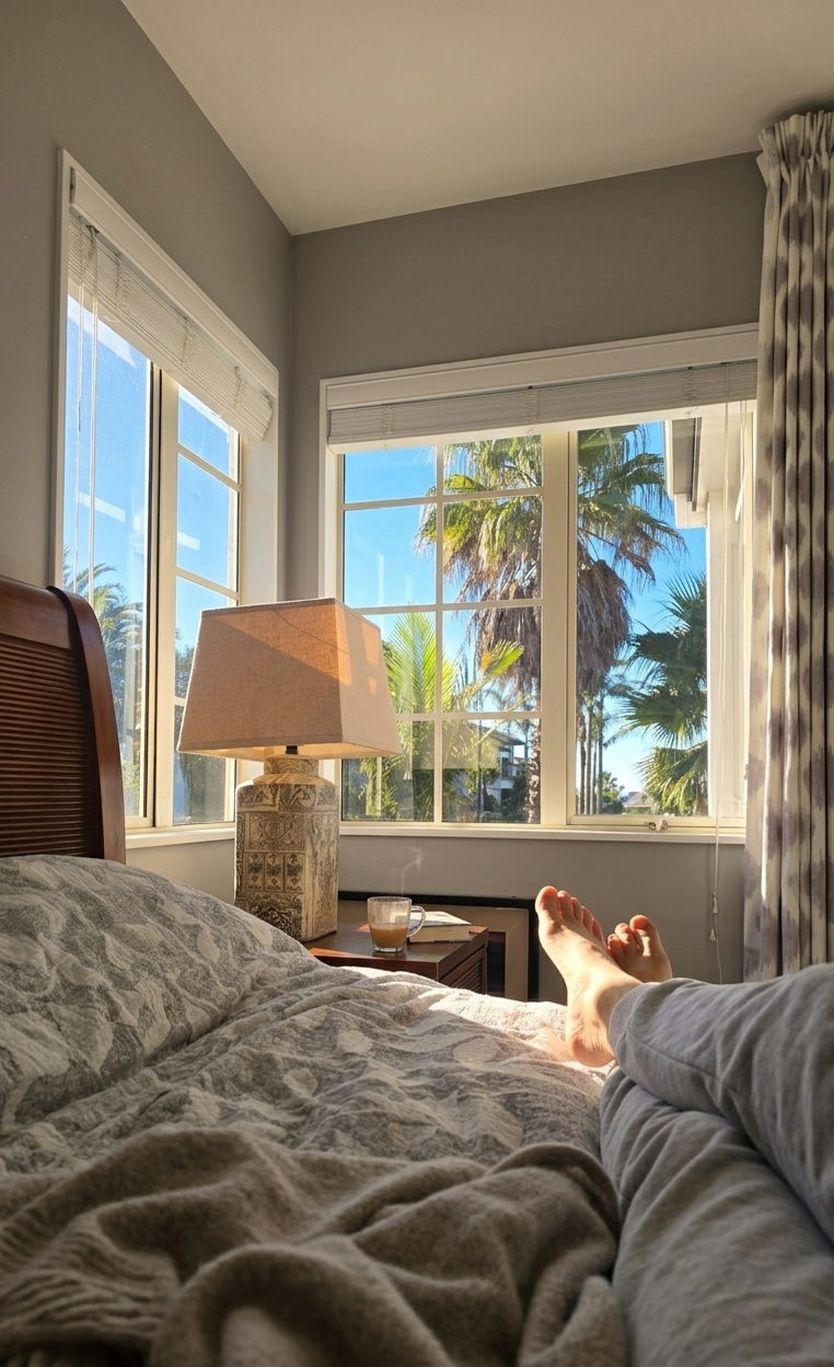 A warm cup of coffee beside a softly lit bed